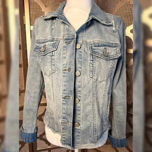 Eunina Distressed Denim Jacket Womens Small Cropped Raw Hem Jean Jacket